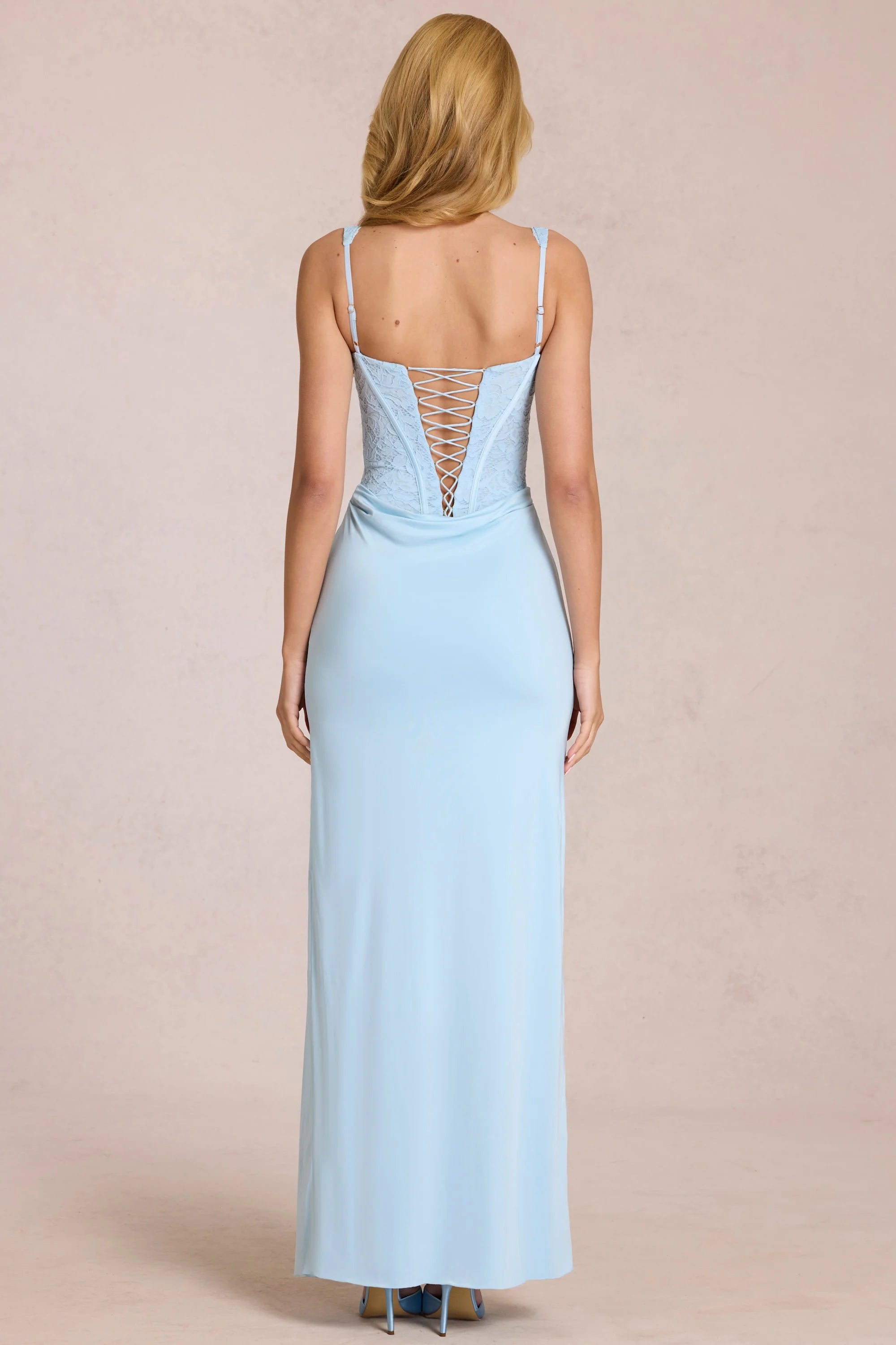 Lace Corset Maxi Dress in Powder Blue